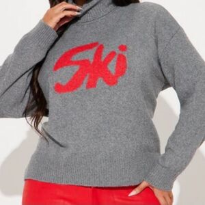 Gray and Red Turtleneck Sweater with Ribbed Texture